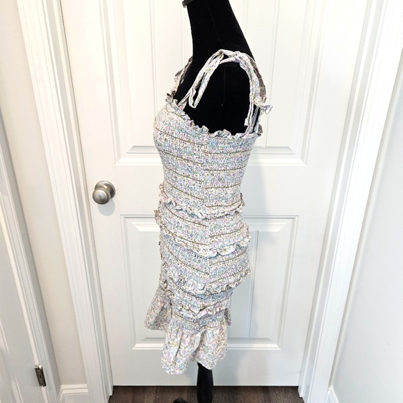 STORIA Floral Multicolor Smocked Bodycon Tie Strap Dress Size MEDIUM Ruffle Hem - Picture 3 of 13